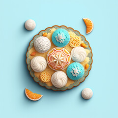 A variety of Turkish sweets on a decorative plate. Top view.  Generative AI	