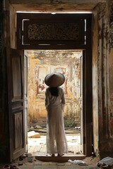 Vietnamese woman wearing an ancient white ao dai. generative ai