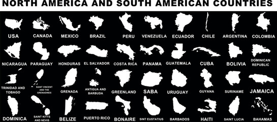America map, white silhouettes, black background. USA, Canada, Brazil etc. Educational, geographical representation for learning, teaching. Countries labeled