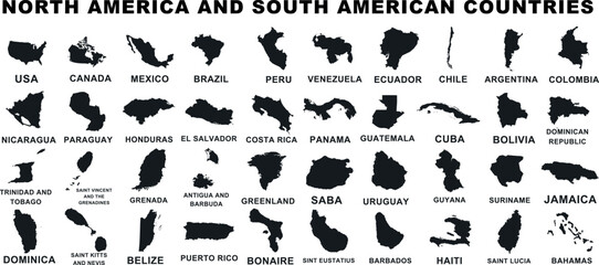 North and South America detailed vector map silhouettes. Perfect educational, geography reference, travel graphic, business infographic. Clear, labeled, easy use