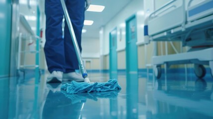 Employee cleaning the hospital floor. close up mop. generative ai