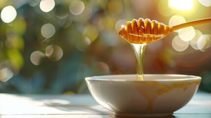 Honey dripped from honey spoon onto white bowl with nature background. generative ai