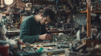 An engineer is skillfully assembling a motherboard in a workshop, showcasing their technical expertise and dedication to the art of building. AIG41
