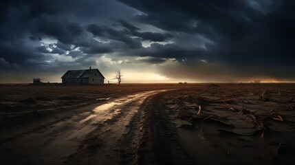 Old, forsaken house on the outskirts, surrounded by barren land, under a stormy sky, creates a chilling atmosphere of despair and haunted tales