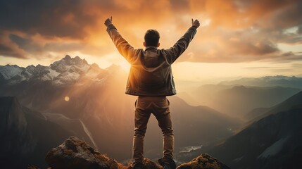 Young entrepreneur at the summit of a mountain at dusk, facing away, bathed in the yellow glow of the setting sun, symbolizing victory and personal goals - obrazy, fototapety, plakaty