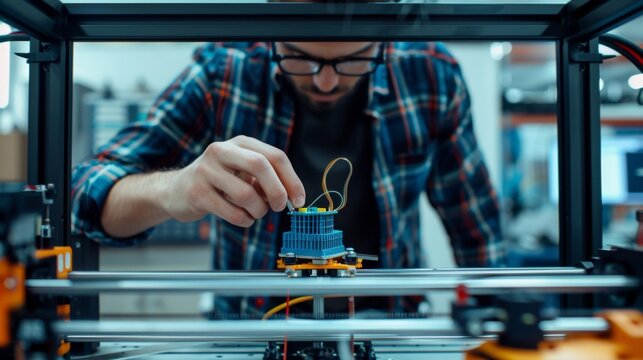 A designer stands in front of a stateoftheart 3D printer carefully examining a prototype of his latest creation. The blurred motion of his hands as he makes minute adjustments highlights .