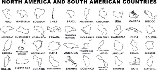 North america and South America map outline states, educational geographical visual aid. Clear, detailed representation of countries like USA, Canada, Brazil, Argentina, Chile etc