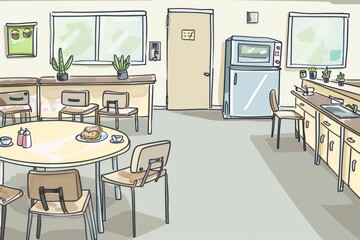 Cartoon cute doodles of an empty open-plan office with rows of desks, dividers, and ergonomic chairs, Generative AI
