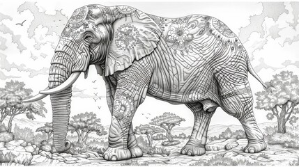 Animals: A coloring book page of a magnificent elephant