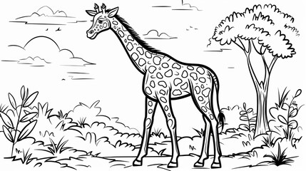 Animals (simple outlines): A coloring book page featuring a smiling giraffe outline