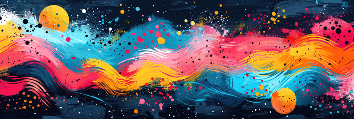 The painted background is on trend with Cluttercore, using rich colors and bold strokes. Bright banner for the background. - obrazy, fototapety, plakaty
