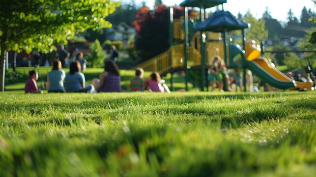 Closeup of a small community park where families and friends enjoy a picnic on the lush grass while children play on the playground equipment in the background. .