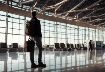'man standing suitcase backpack terminal photo airport background plane stock liminal postminimalism space travel aeroplane window businessman baggage waiting bag business passenger'