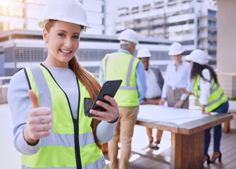 Woman, portrait and construction with thumbs up, cellphone and smile for building with team....