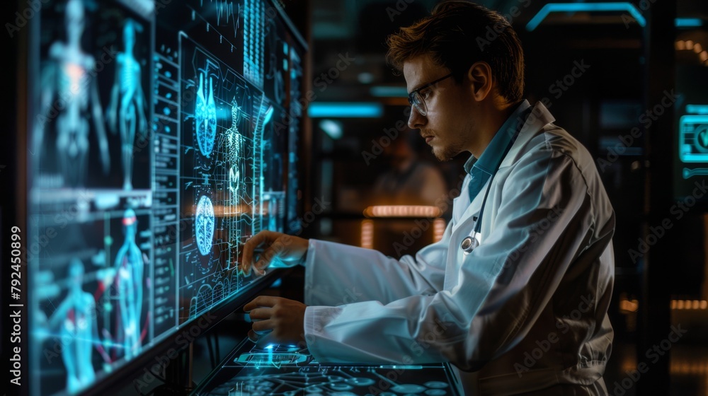 Poster scientist analyzing advanced data displays