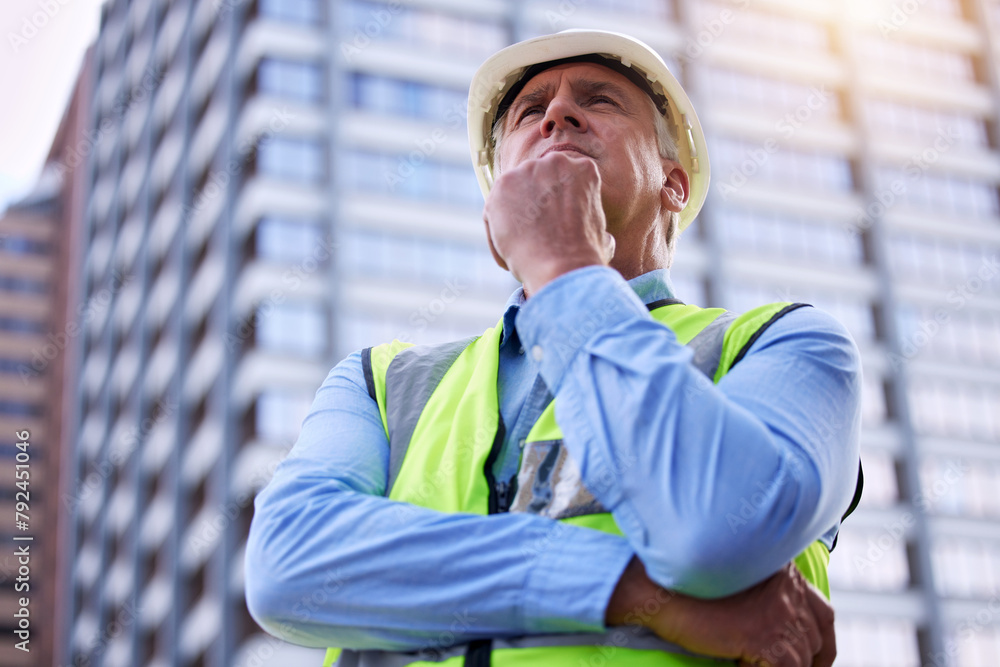 Poster Mature, man and architect thinking in city, ideas or inspiration at construction site for engineering. Renovation decision, property development and vision for urban infrastructure with low angle