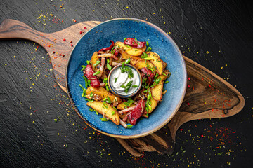 Home fried potatoes with smoked hunting sausages. Menu for a pub on a dark background. Colorful juicy food photography.