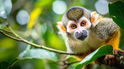 Naklejka na ściany i meble A close-up of a curious squirrel monkey peering out from the branches of a tropical rainforest tree.