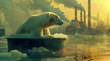 A reflection on global warming. Polar bear sitting in a latex tub In the far background is a power plant. - obrazy, fototapety, plakaty