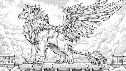 Fantasy: A coloring book image of a mystical griffin, with the body of a lion and the head and wings of an eagle