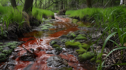 The stream is covered with red and green algae, making the stream look colorful