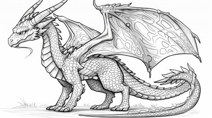 Fantasy elements: A whimsical dragon, ready to be colored in with scales and fiery breath