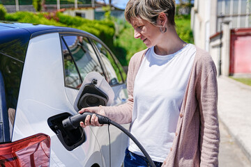 A happy woman charges her electric vehicle, contributing to a greener planet.