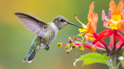 Fototapeta premium A close-up of a vibrant hummingbird hovering near a brightly colored flower, sipping nectar.