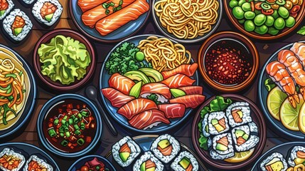 Food: A coloring book page depicting a selection of international dishes
