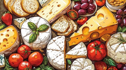 Food: A coloring book page featuring a collection of different cheeses, such as cheddar, mozzarella, brie, and gouda - obrazy, fototapety, plakaty