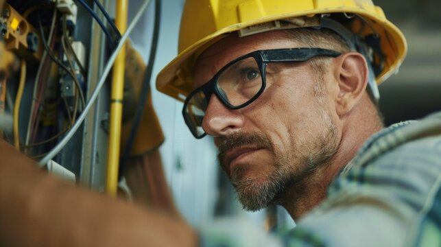 Amidst the bustling chaos of a busy construction site an electrician patiently troubleshoots a complex wiring issue highlighting their unwavering concentration and problemsolving skills. .