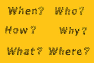 Six most common questions Who, What, where, when, why, how with question mark. Asking questions. Having answers. Illustration on yellow. FAQ