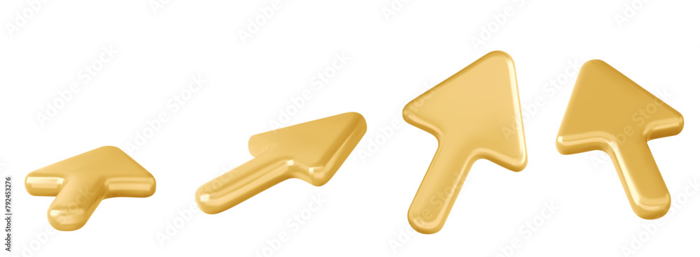 Poster 3d gold cursor arrow. Click pointer vector set. Up and down sign for computer mouse button. Isolated internet navigation point path. Simple yellow direction for next or back web interface element
