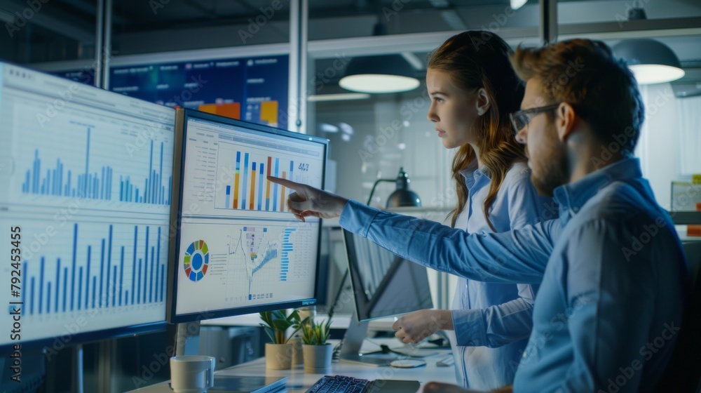 Poster team analyzing data on computer screens