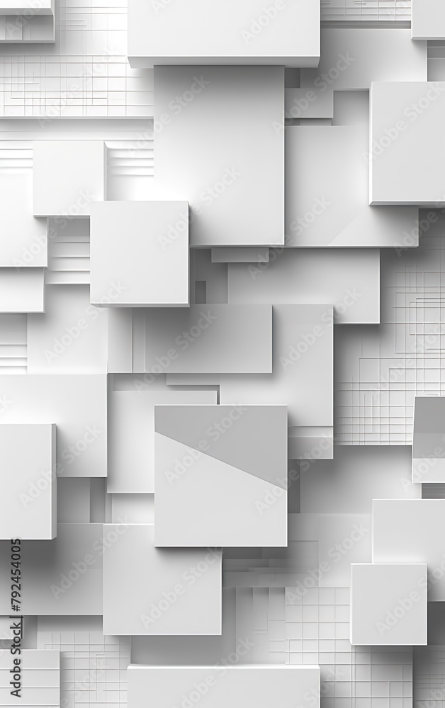 Poster 3d rendering of abstract geometric composition, white and gray squares background