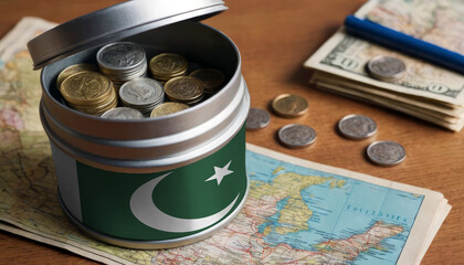 Pakistan flag-adorned money jar placed on a map. Saving for vacation, leisure pursuits. Financial strategy, travel budgeting, holiday fund accumulation - obrazy, fototapety, plakaty