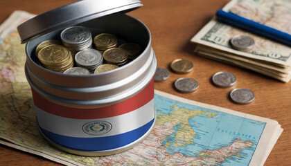 Paraguay flag-adorned money jar placed on a map. Saving for vacation, leisure pursuits. Financial strategy, travel budgeting, holiday fund accumulation - obrazy, fototapety, plakaty