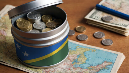 Solomon Islands flag-adorned money jar placed on a map. Saving for vacation, leisure pursuits. Financial strategy, travel budgeting, holiday fund accumulation - obrazy, fototapety, plakaty