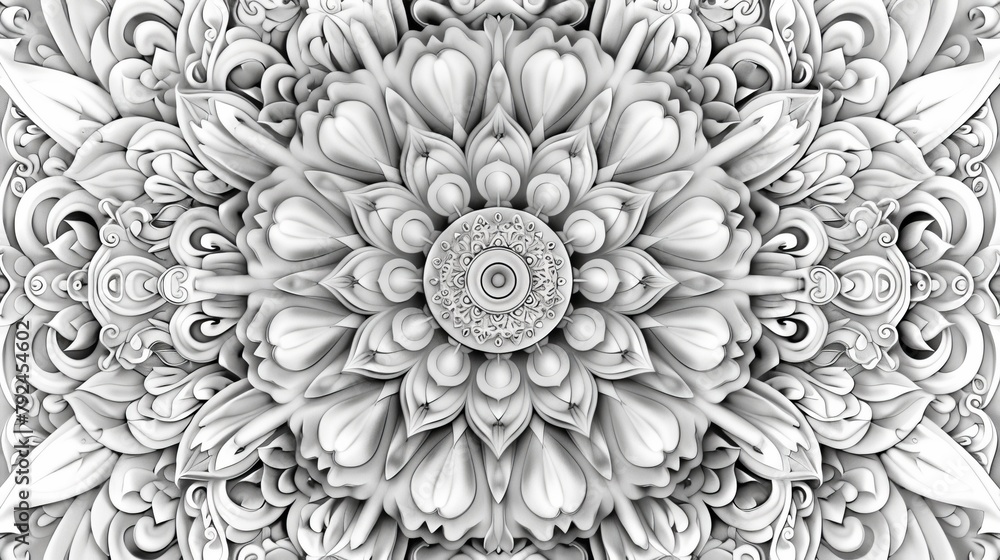 Poster mandala coloring book (grayscale): a mandala design featuring symmetrical patterns and intricate det