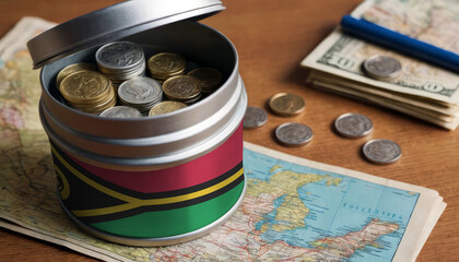 Vanuatu flag-adorned money jar placed on a map. Saving for vacation, leisure pursuits. Financial strategy, travel budgeting, holiday fund accumulation - obrazy, fototapety, plakaty