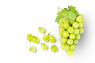 Green grapes and half sliced isolated on white background. Top view. Flat lay. Grape pattern...