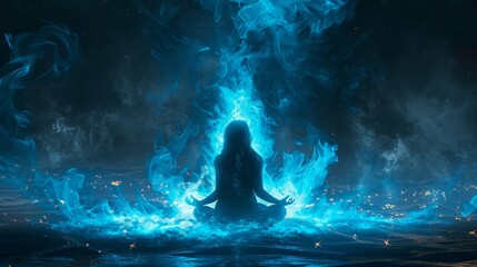 A woman is meditating in the middle of a blue fire.