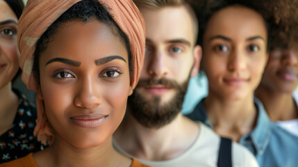 Obraz premium A group of people are standing together. The woman in the center of the group is smiling and looking at the camera. The group appears to be diverse. different people