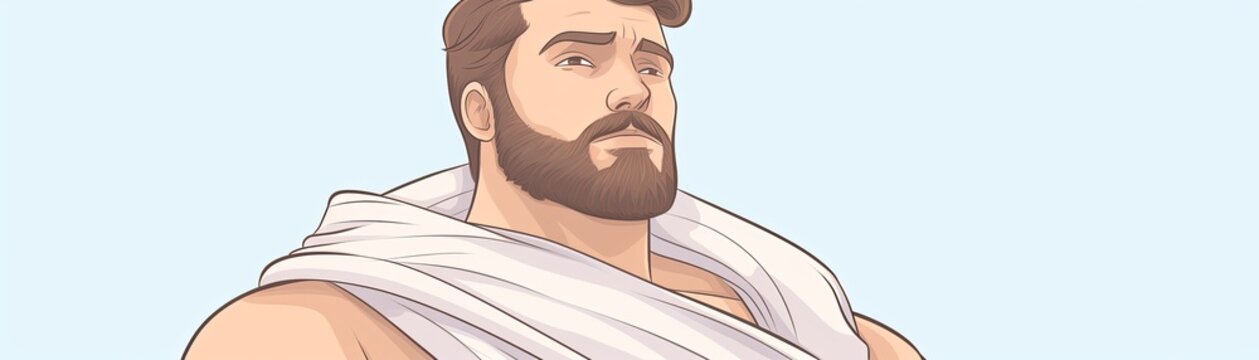 A digital painting of a muscular, bearded man with a confident expression on his face. He is wearing a white toga and has a muscular build. The background is a light blue color.