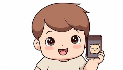 Fototapeta premium A boy is holding a phone and smiling.