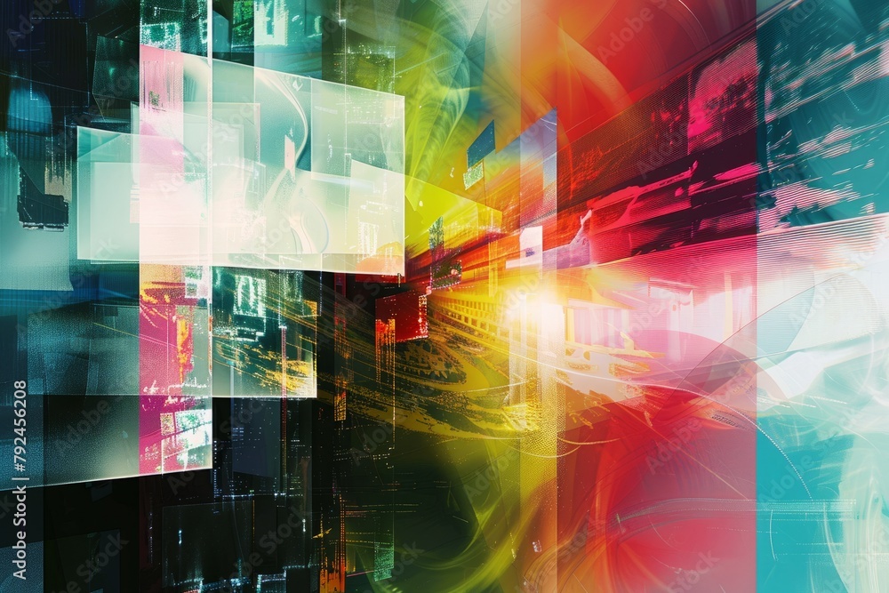 Poster a vibrant abstract background featuring multicolored squares and intersecting lines, creating a dyna