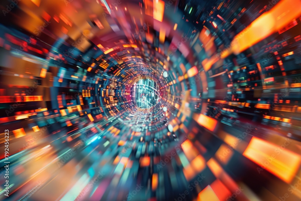 Poster a dynamic abstract tunnel filled with a variety of bright colors and shades, creating a visually str