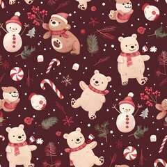 seamless pattern with adorable kawaii snowmen