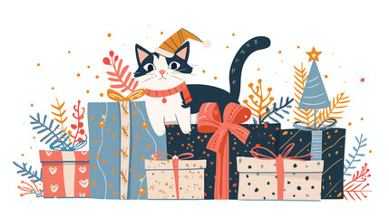 Cute cat sitting on pile of christmas giftbox. Holida