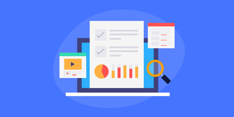 Content audit concept, analysing performance data, finding new engagement opportunity and implementing marketing strategy vector illustration.